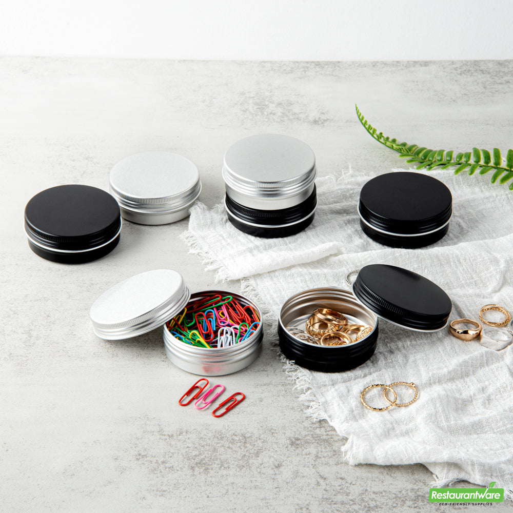 Wholesale Restaurantware 2 Oz Round Black Tin Container - with Screw Lid - 2.7" X 2.7" X 1"- Bulk