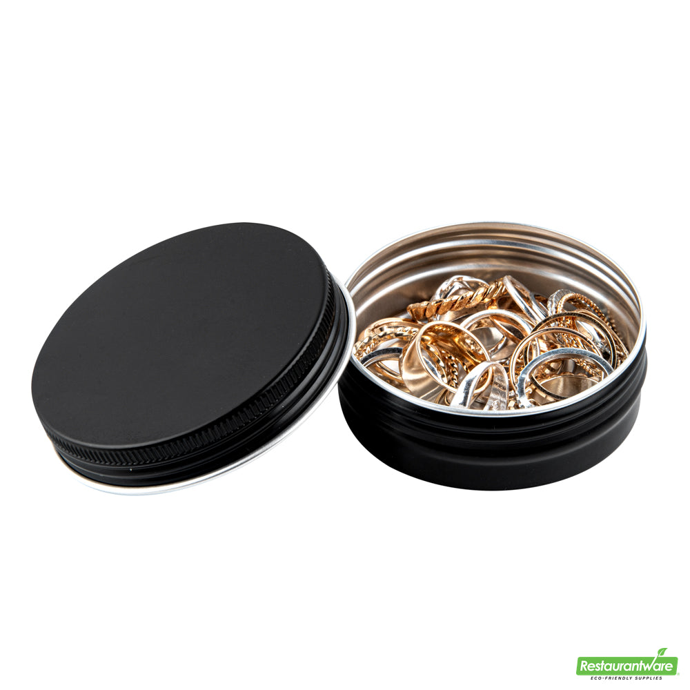 Wholesale Restaurantware 2 Oz Round Black Tin Container - with Screw Lid - 2.7" X 2.7" X 1"- Bulk