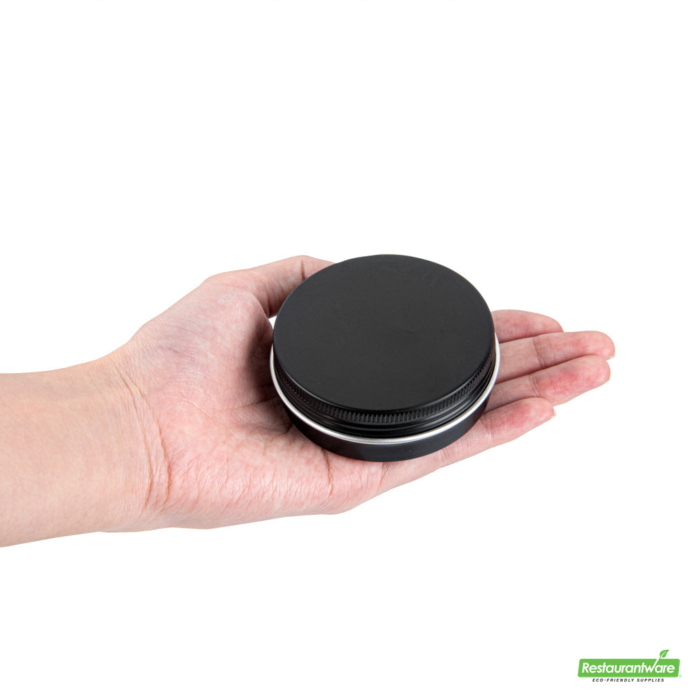 Wholesale Restaurantware 2 Oz Round Black Tin Container - with Screw Lid - 2.7" X 2.7" X 1"- Bulk
