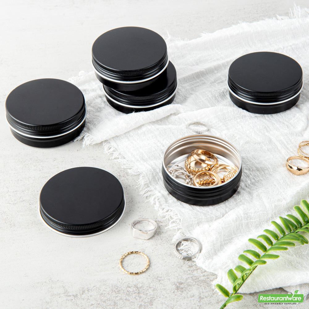 Wholesale Restaurantware 2 Oz Round Black Tin Container - with Screw Lid - 2.7" X 2.7" X 1"- Bulk