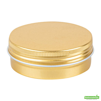Wholesale Restaurantware 2 Oz Round Gold Tin Container - with Screw Lid - 2.7" X 2.7" X 1"- Bulk