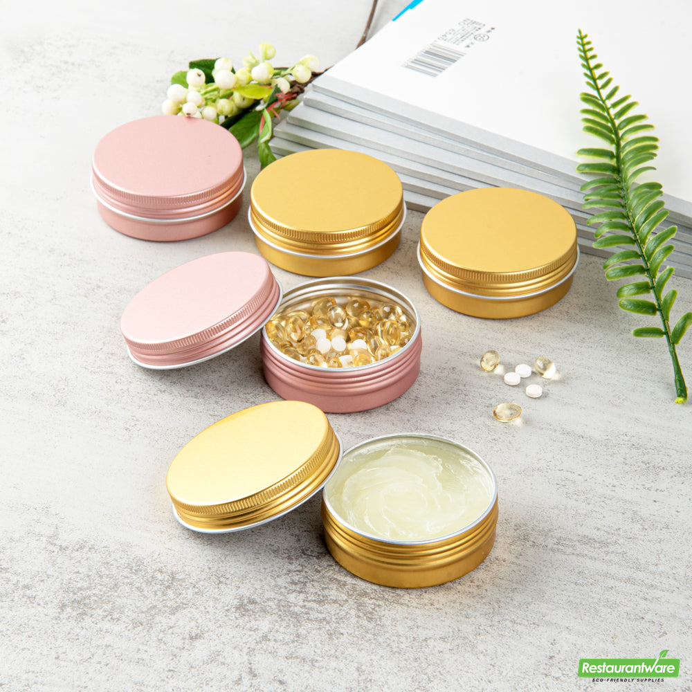 Wholesale Restaurantware 2 Oz Round Gold Tin Container - with Screw Lid - 2.7" X 2.7" X 1"- Bulk