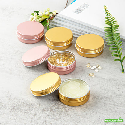 Wholesale Restaurantware 2 Oz Round Gold Tin Container - with Screw Lid - 2.7" X 2.7" X 1"- Bulk