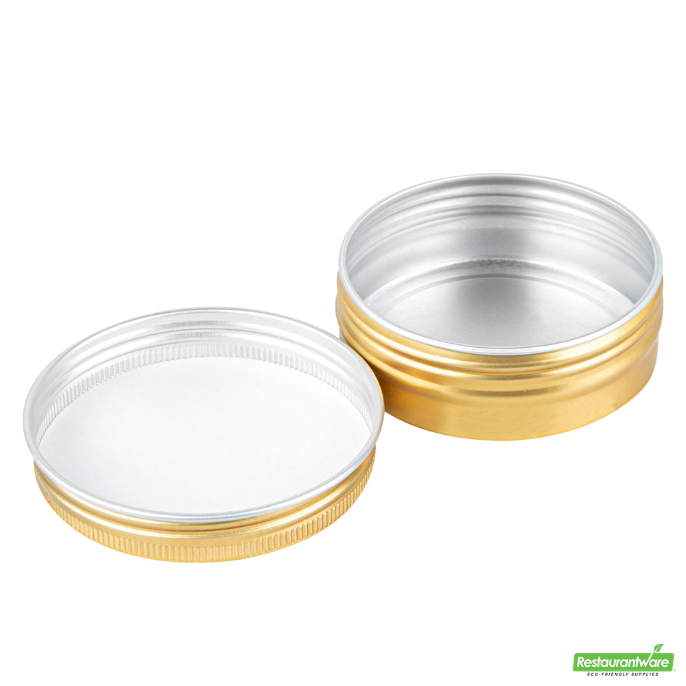 Wholesale Restaurantware 2 Oz Round Gold Tin Container - with Screw Lid - 2.7" X 2.7" X 1"- Bulk
