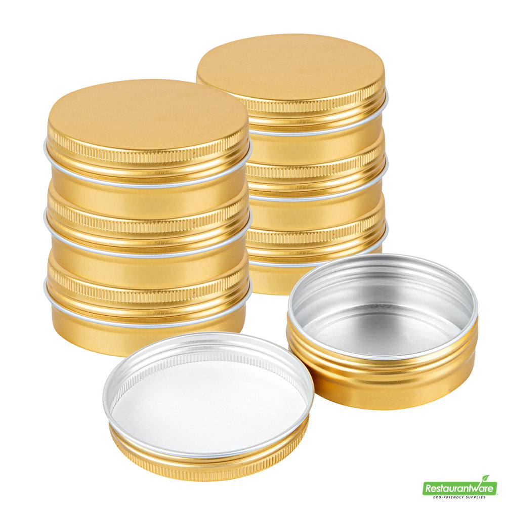 Wholesale Restaurantware 2 Oz Round Gold Tin Container - with Screw Lid - 2.7" X 2.7" X 1"- Bulk