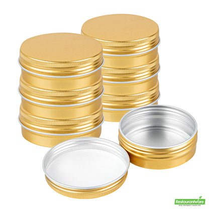 Wholesale Restaurantware 2 Oz Round Gold Tin Container - with Screw Lid - 2.7" X 2.7" X 1"- Bulk