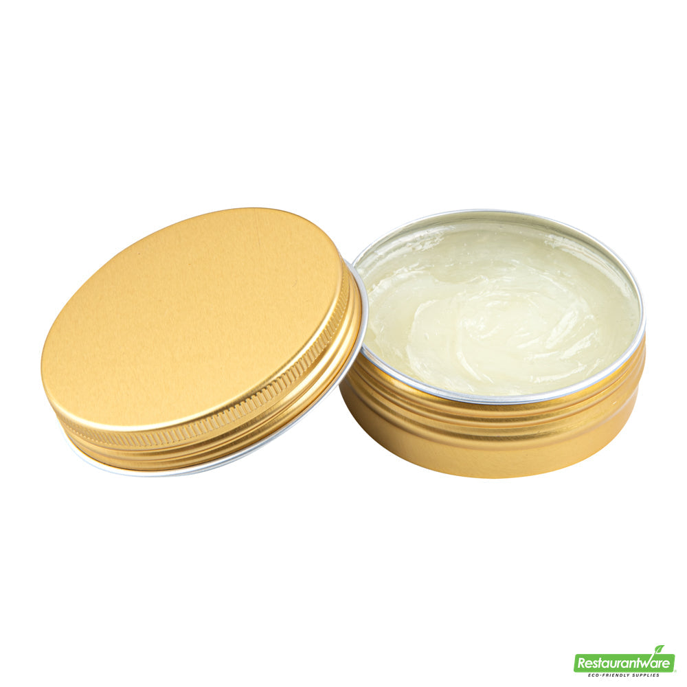 Wholesale Restaurantware 2 Oz Round Gold Tin Container - with Screw Lid - 2.7" X 2.7" X 1"- Bulk