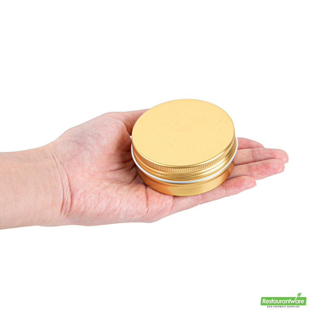 Wholesale Restaurantware 2 Oz Round Gold Tin Container - with Screw Lid - 2.7" X 2.7" X 1"- Bulk