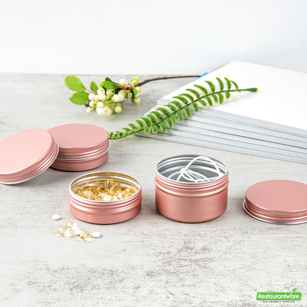 Wholesale Restaurantware 2 Oz Round Rose Gold Tin Container - with Screw Lid- Bulk
