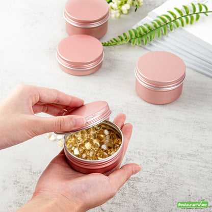 Wholesale Restaurantware 2 Oz Round Rose Gold Tin Container - with Screw Lid- Bulk