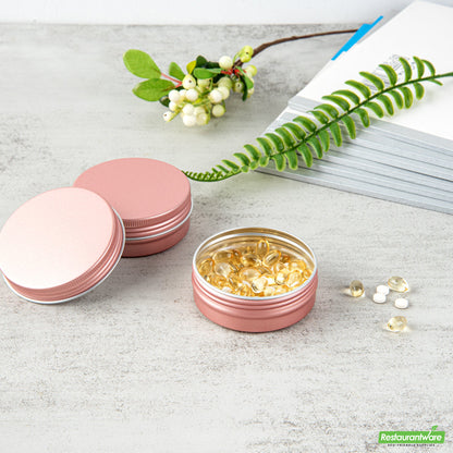Wholesale Restaurantware 2 Oz Round Rose Gold Tin Container - with Screw Lid- Bulk