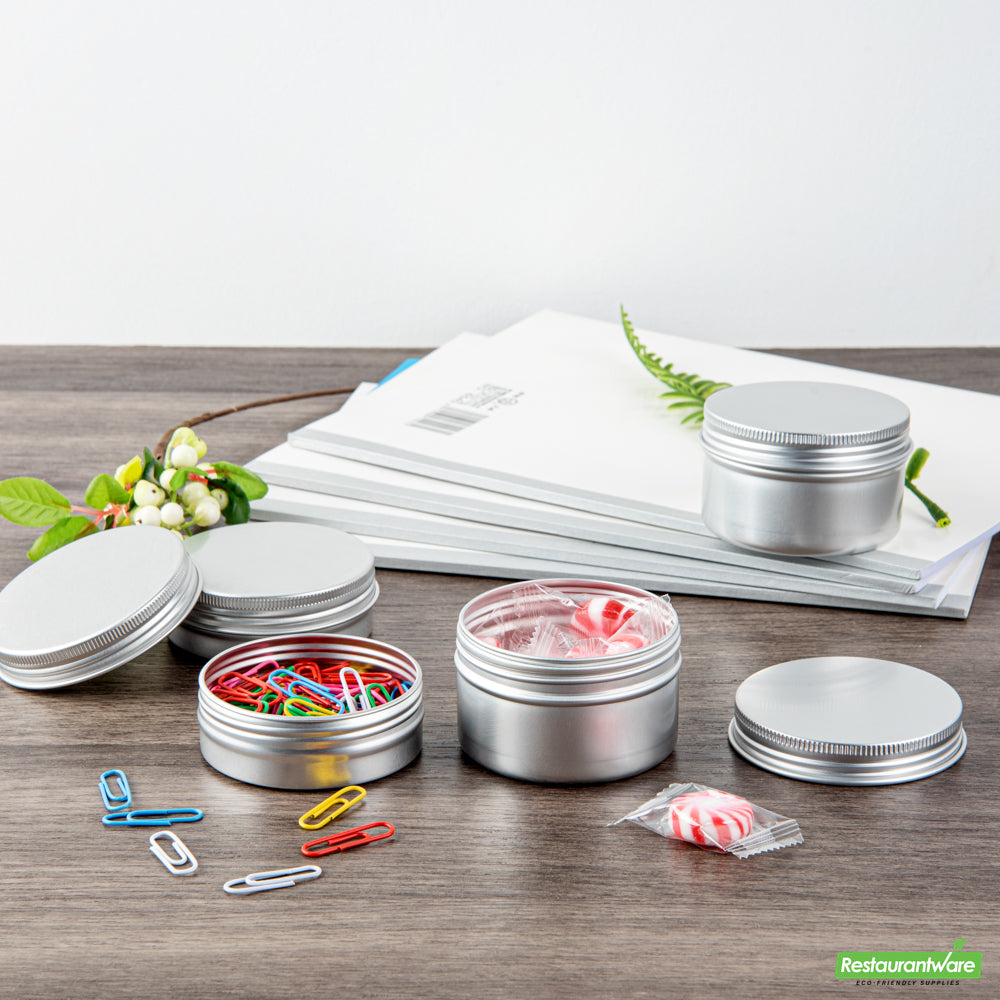 Wholesale Restaurantware 2 Oz Round Silver Tin Container - with Screw Lid- Bulk