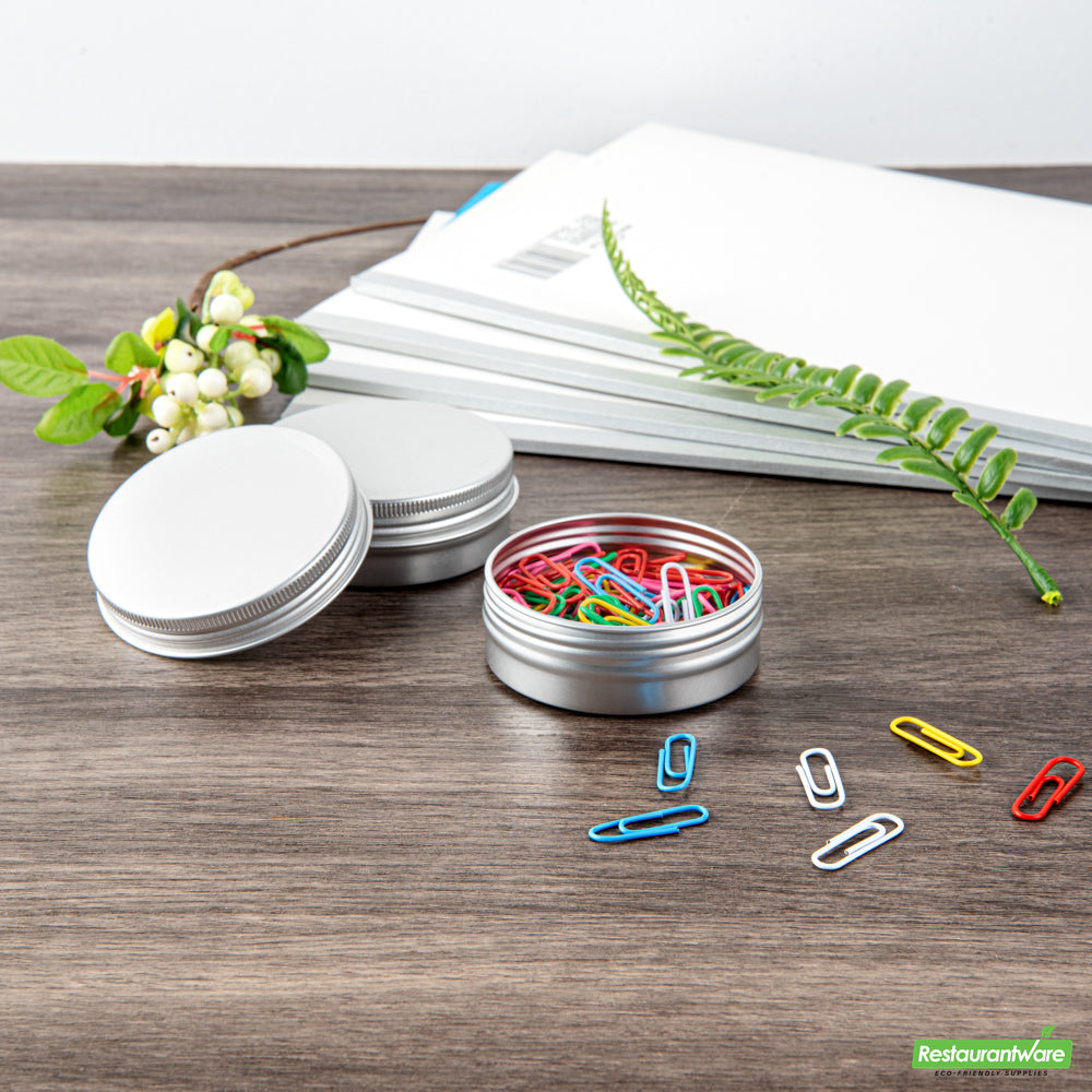 Wholesale Restaurantware 2 Oz Round Silver Tin Container - with Screw Lid- Bulk