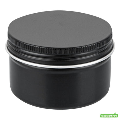 Wholesale Restaurantware RW Base 4 oz Round Black Tin Container - with Screw Lid- Bulk