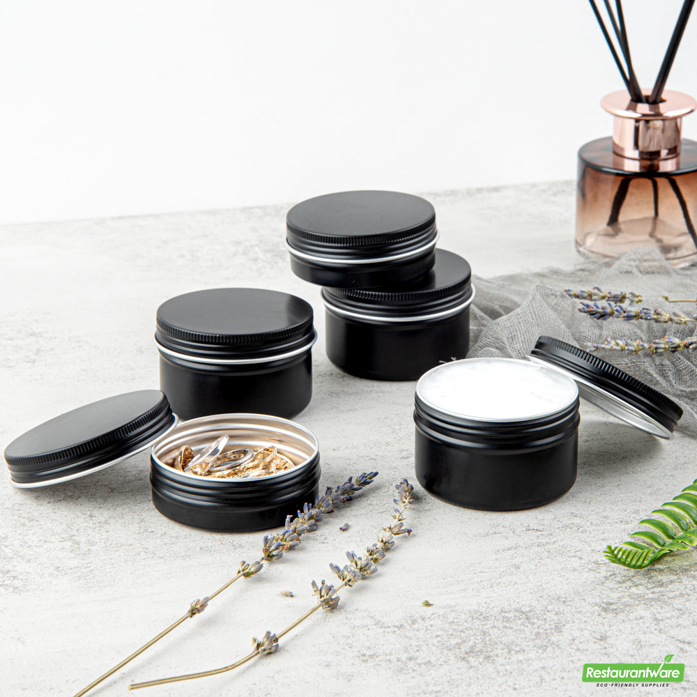 Wholesale Restaurantware RW Base 4 oz Round Black Tin Container - with Screw Lid- Bulk