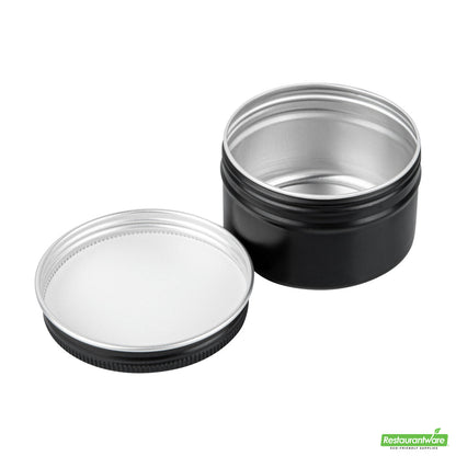Wholesale Restaurantware RW Base 4 oz Round Black Tin Container - with Screw Lid- Bulk
