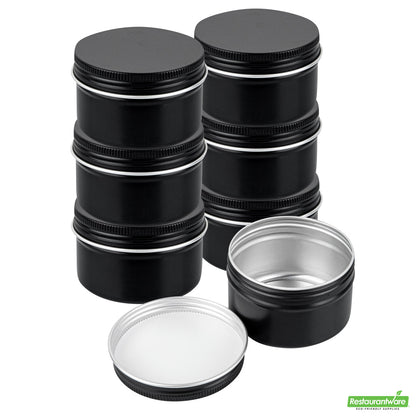 Wholesale Restaurantware RW Base 4 oz Round Black Tin Container - with Screw Lid- Bulk