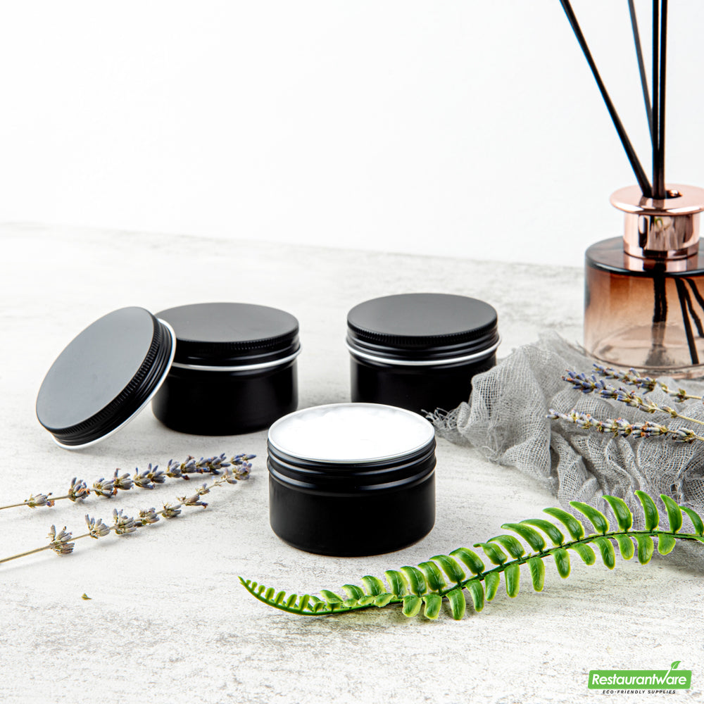 Wholesale Restaurantware RW Base 4 oz Round Black Tin Container - with Screw Lid- Bulk