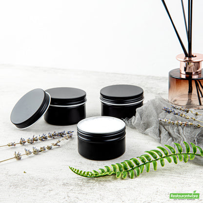 Wholesale Restaurantware RW Base 4 oz Round Black Tin Container - with Screw Lid- Bulk