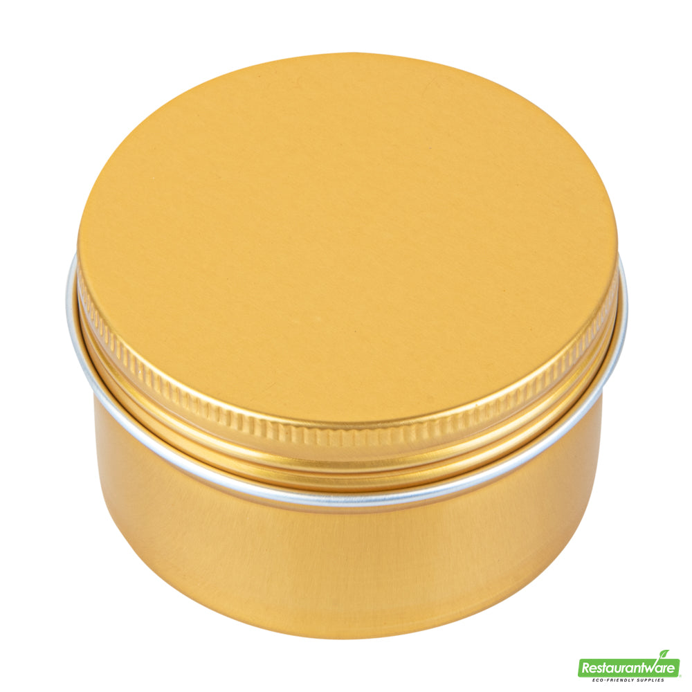 Wholesale Restaurantware RW Base 4 oz Round Gold Tin Container - with Screw Lid- Bulk
