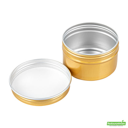 Wholesale Restaurantware RW Base 4 oz Round Gold Tin Container - with Screw Lid- Bulk