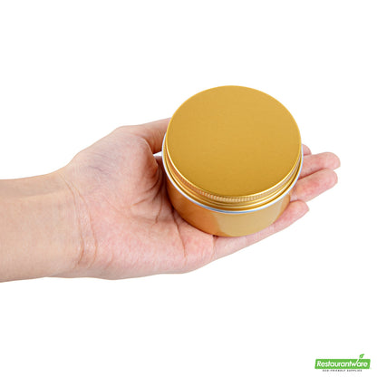 Wholesale Restaurantware RW Base 4 oz Round Gold Tin Container - with Screw Lid- Bulk