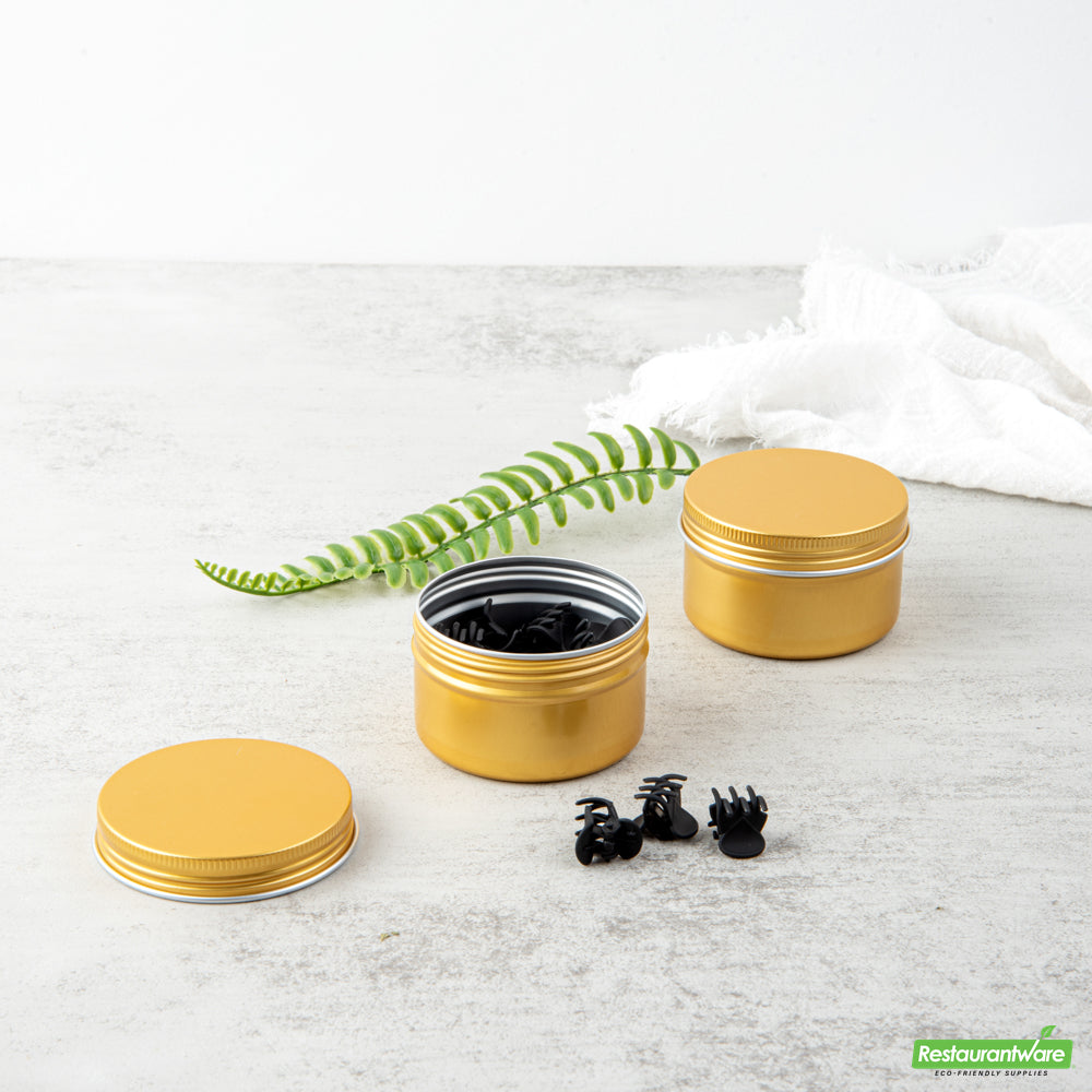 Wholesale Restaurantware RW Base 4 oz Round Gold Tin Container - with Screw Lid- Bulk