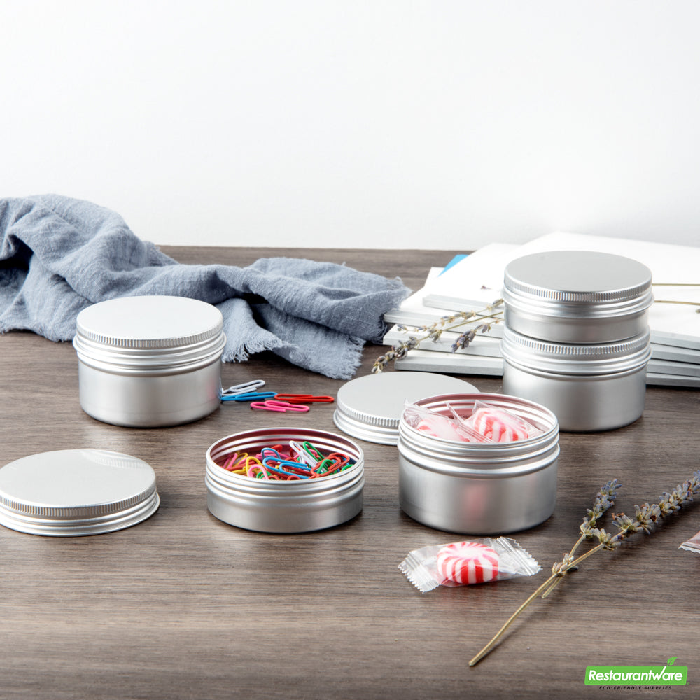 Wholesale Restaurantware RW Base 4 oz Round Silver Tin Container - with Screw Lid- Bulk