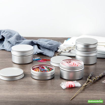 Wholesale Restaurantware RW Base 4 oz Round Silver Tin Container - with Screw Lid- Bulk