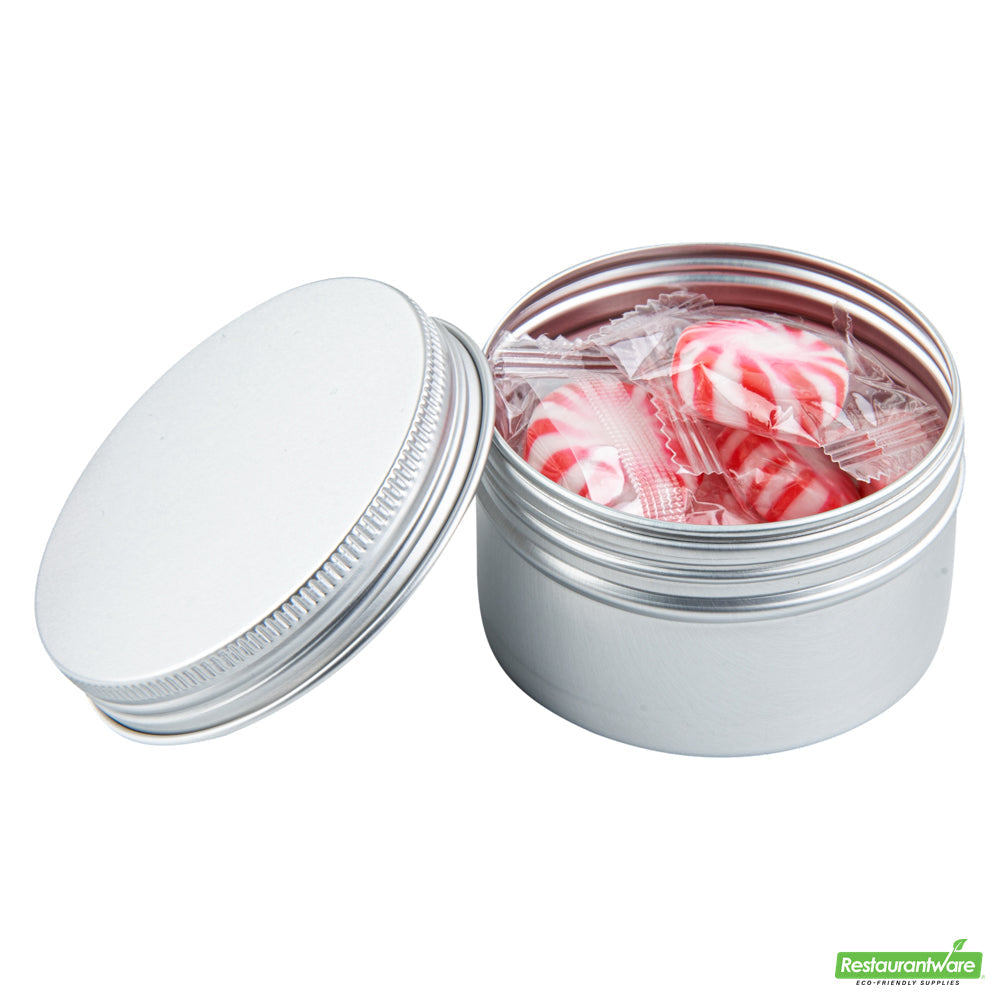 Wholesale Restaurantware RW Base 4 oz Round Silver Tin Container - with Screw Lid- Bulk
