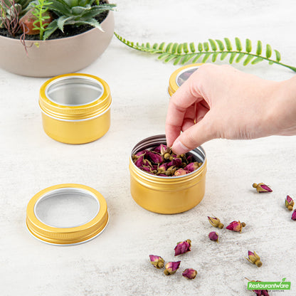 Wholesale Restaurantware 4 Oz Round Gold Tin Container - with Window Lid - 2.7" X 2.7" X 1.7"- Bulk