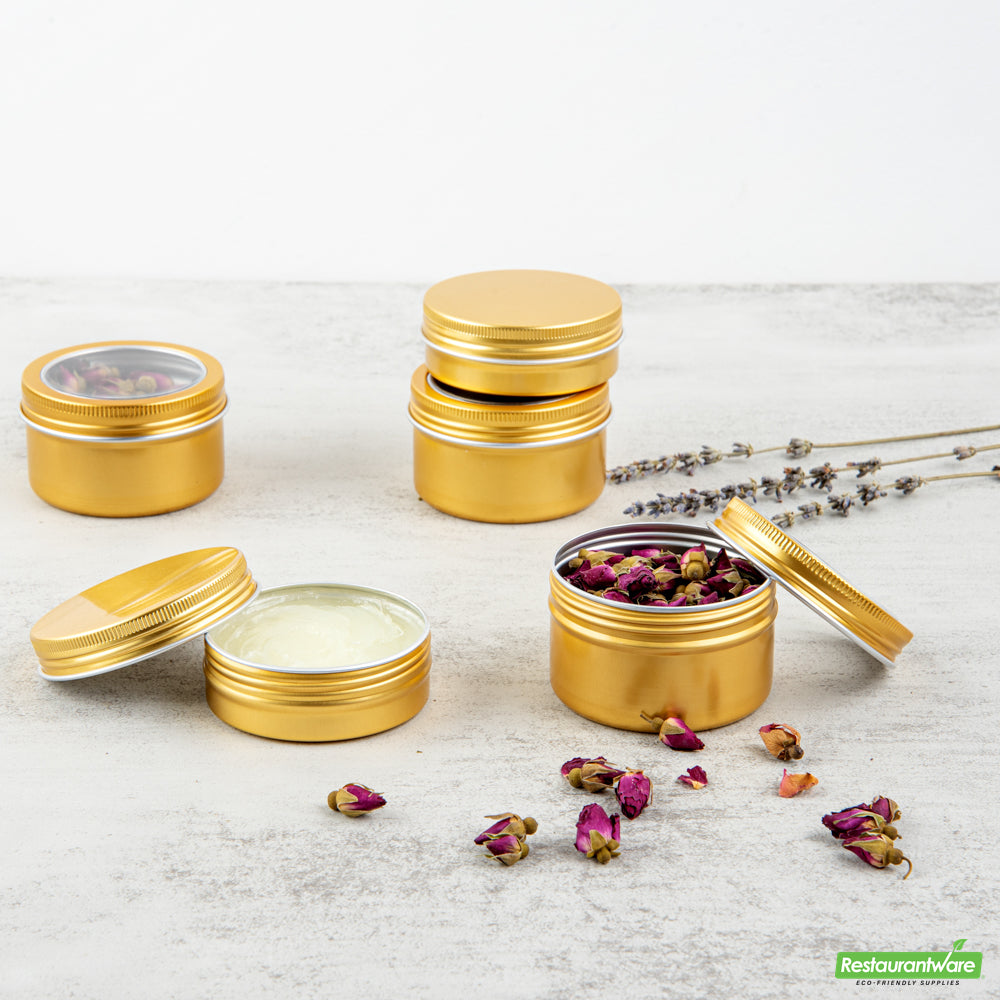 Wholesale Restaurantware 4 Oz Round Gold Tin Container - with Window Lid - 2.7" X 2.7" X 1.7"- Bulk