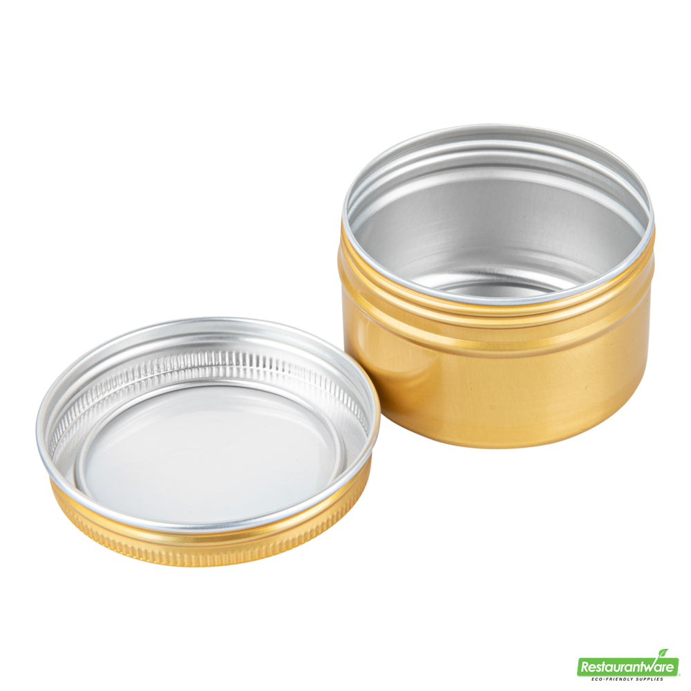 Wholesale Restaurantware 4 Oz Round Gold Tin Container - with Window Lid - 2.7" X 2.7" X 1.7"- Bulk