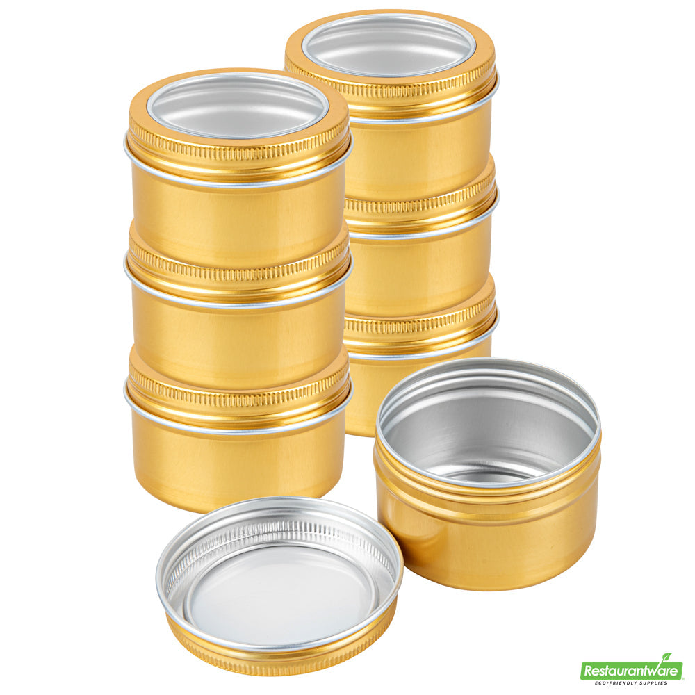 Wholesale Restaurantware 4 Oz Round Gold Tin Container - with Window Lid - 2.7" X 2.7" X 1.7"- Bulk
