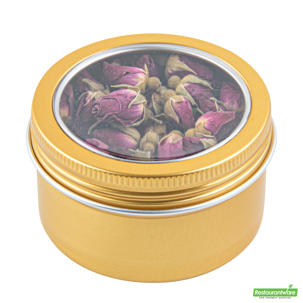 Wholesale Restaurantware 4 Oz Round Gold Tin Container - with Window Lid - 2.7" X 2.7" X 1.7"- Bulk