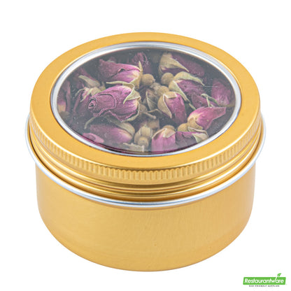 Wholesale Restaurantware 4 Oz Round Gold Tin Container - with Window Lid - 2.7" X 2.7" X 1.7"- Bulk