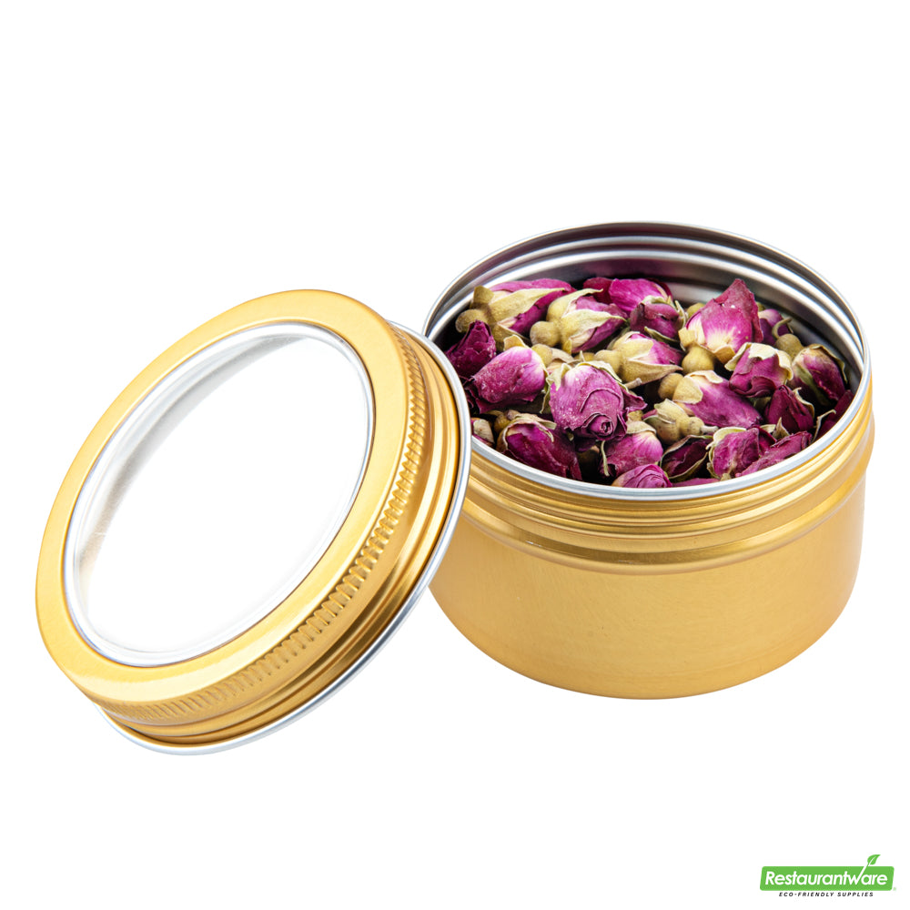 Wholesale Restaurantware 4 Oz Round Gold Tin Container - with Window Lid - 2.7" X 2.7" X 1.7"- Bulk