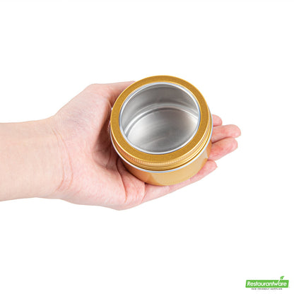 Wholesale Restaurantware 4 Oz Round Gold Tin Container - with Window Lid - 2.7" X 2.7" X 1.7"- Bulk