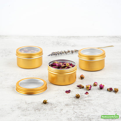 Wholesale Restaurantware 4 Oz Round Gold Tin Container - with Window Lid - 2.7" X 2.7" X 1.7"- Bulk