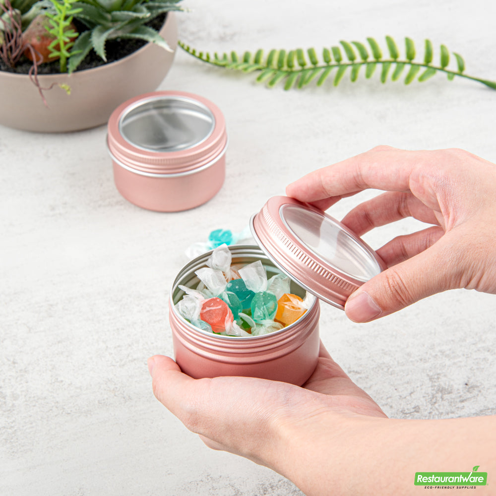 Wholesale Restaurantware RW Base 4 oz Round Rose Gold Tin Container - with Window Lid- Bulk