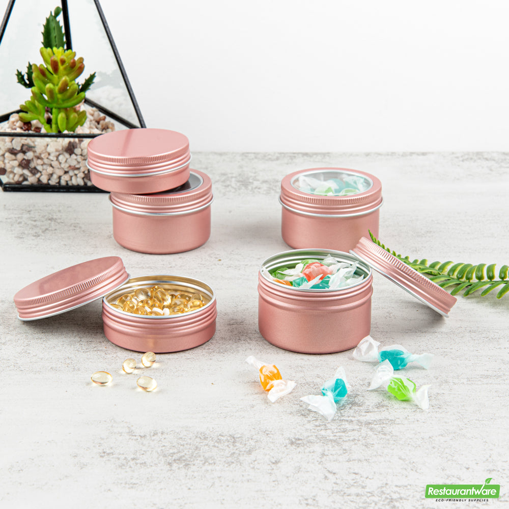 Wholesale Restaurantware RW Base 4 oz Round Rose Gold Tin Container - with Window Lid- Bulk