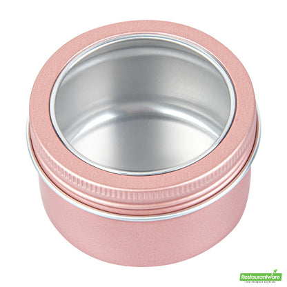 Wholesale Restaurantware RW Base 4 oz Round Rose Gold Tin Container - with Window Lid- Bulk