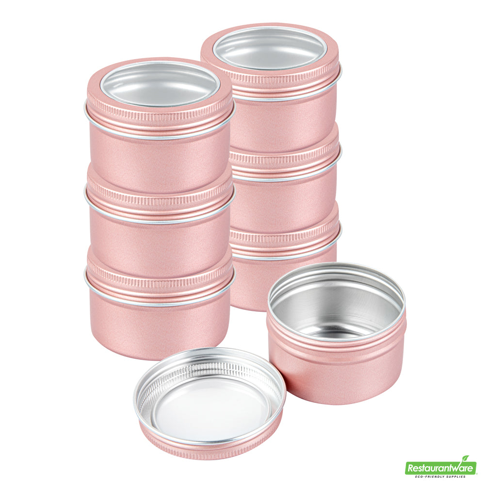 Wholesale Restaurantware RW Base 4 oz Round Rose Gold Tin Container - with Window Lid- Bulk