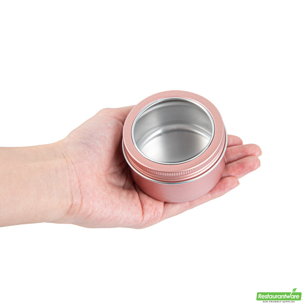 Wholesale Restaurantware RW Base 4 oz Round Rose Gold Tin Container - with Window Lid- Bulk
