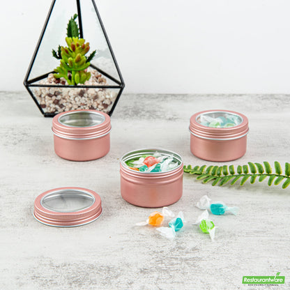 Wholesale Restaurantware RW Base 4 oz Round Rose Gold Tin Container - with Window Lid- Bulk