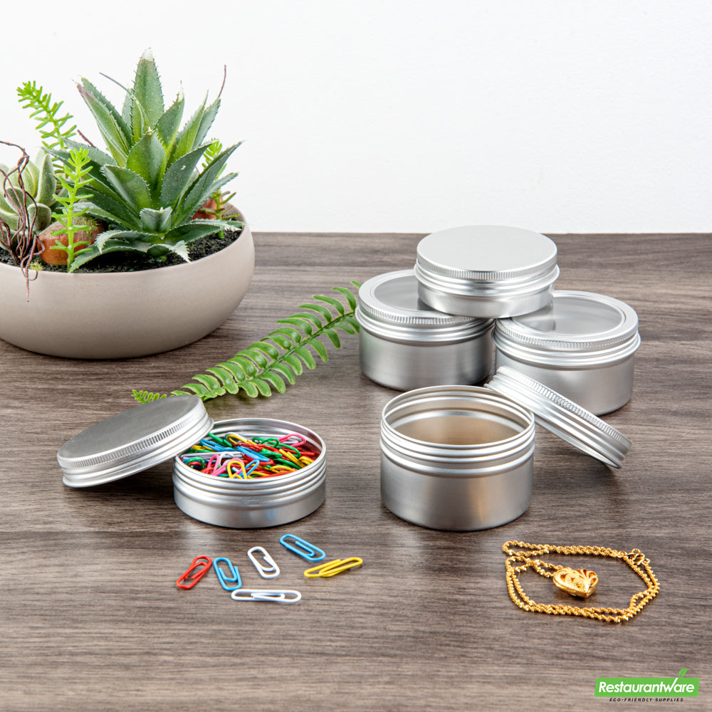 Wholesale Restaurantware RW Base 4 oz Round Silver Tin Container - with Window Lid- Bulk
