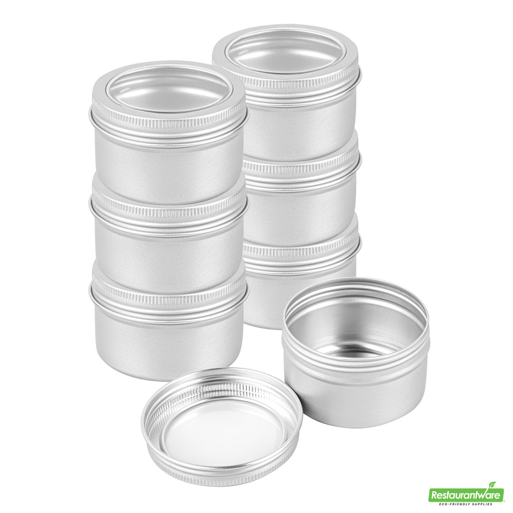 Wholesale Restaurantware RW Base 4 oz Round Silver Tin Container - with Window Lid- Bulk