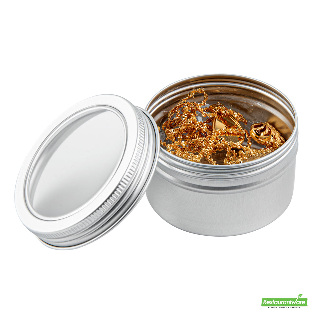 Wholesale Restaurantware RW Base 4 oz Round Silver Tin Container - with Window Lid- Bulk