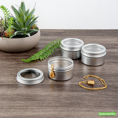 Wholesale Restaurantware RW Base 4 oz Round Silver Tin Container - with Window Lid- Bulk