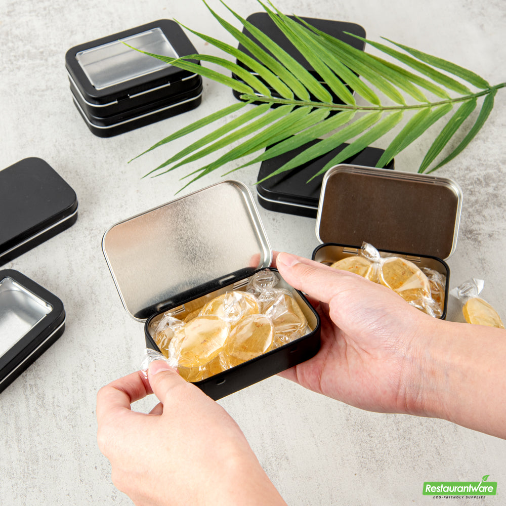 Wholesale Restaurantware RW Base 4 oz Rectangle Black Tin Container - with Hinged Lid- Bulk
